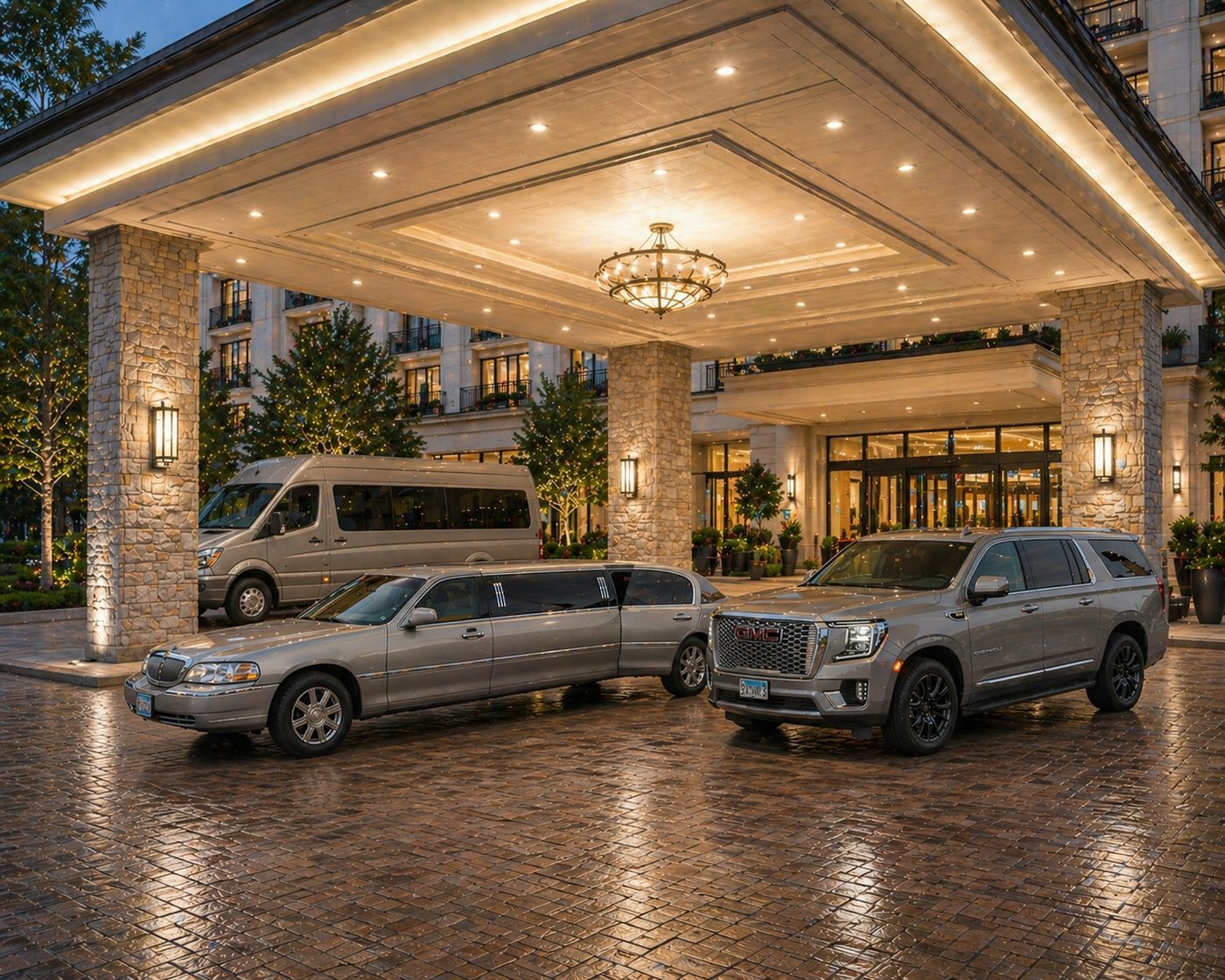 LMR Promotions fleet — Limo, Executive Extended SUV, and 15 Passenger Van